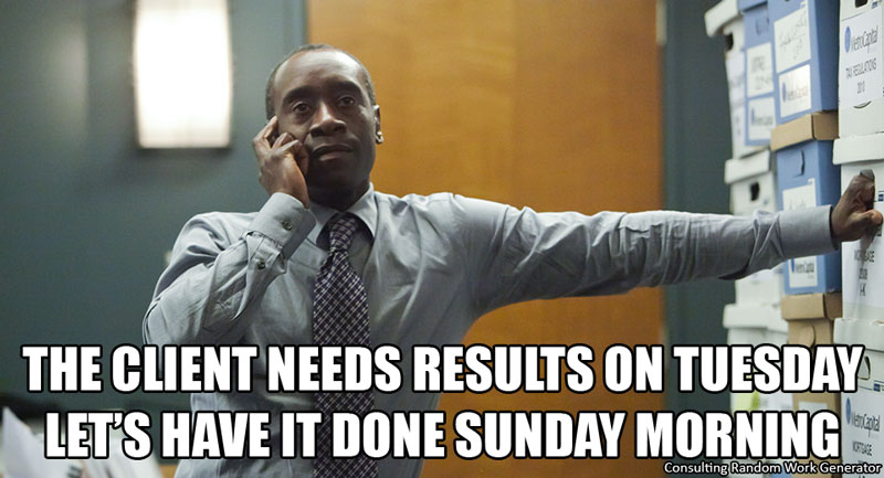 The client needs results on Tuesday. Let's have it done Sunday morning